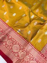Fenugreek Color Pure Katan Silk Saree with Red Color Border and Pallu - Kaash