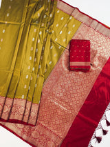 Fenugreek Color Pure Katan Silk Saree with Red Color Border and Pallu - Kaash