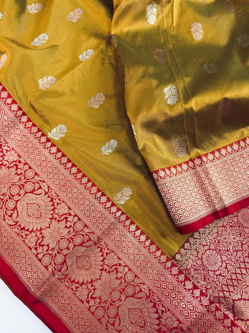 Fenugreek Color Pure Katan Silk Saree with Red Color Border and Pallu - Kaash