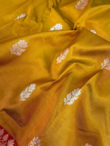 Fenugreek Color Pure Katan Silk Saree with Red Color Border and Pallu - Kaash