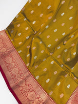 Fenugreek Color Pure Katan Silk Saree with Red Color Border and Pallu - Kaash