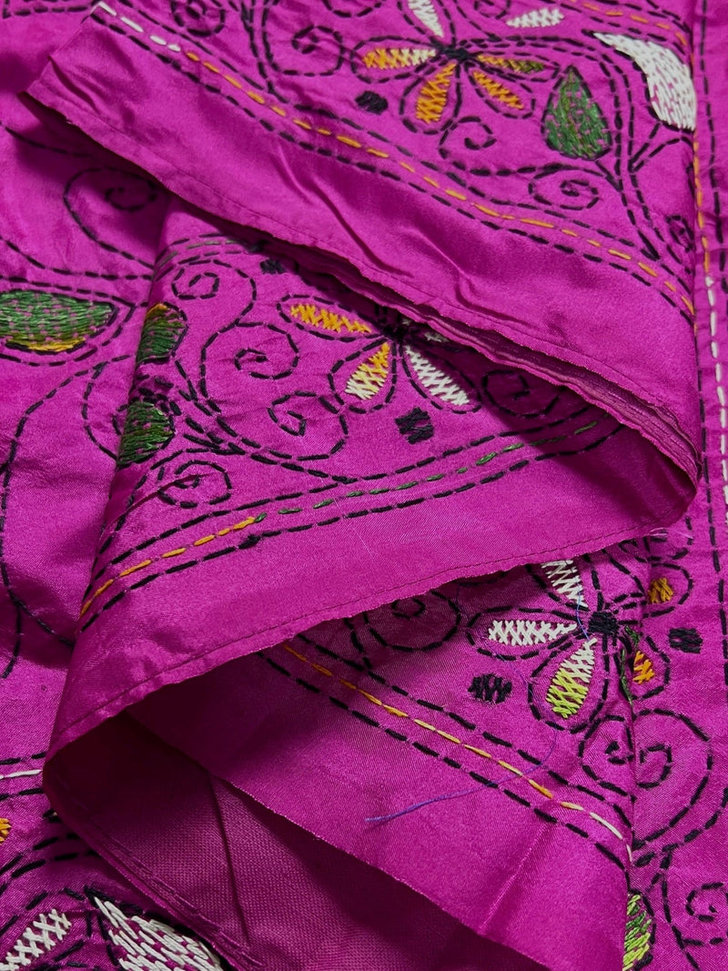 Fuchsia Pink hand Kantha stitch saree on Bangalori silk — Kaash Collection