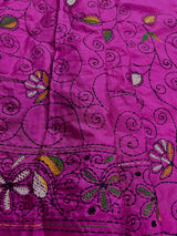 Fuchsia Pink hand Kantha stitch saree on Bangalori silk — Kaash Collection