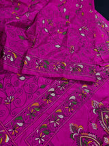 Fuchsia Pink hand Kantha stitch saree on Bangalori silk — Kaash Collection