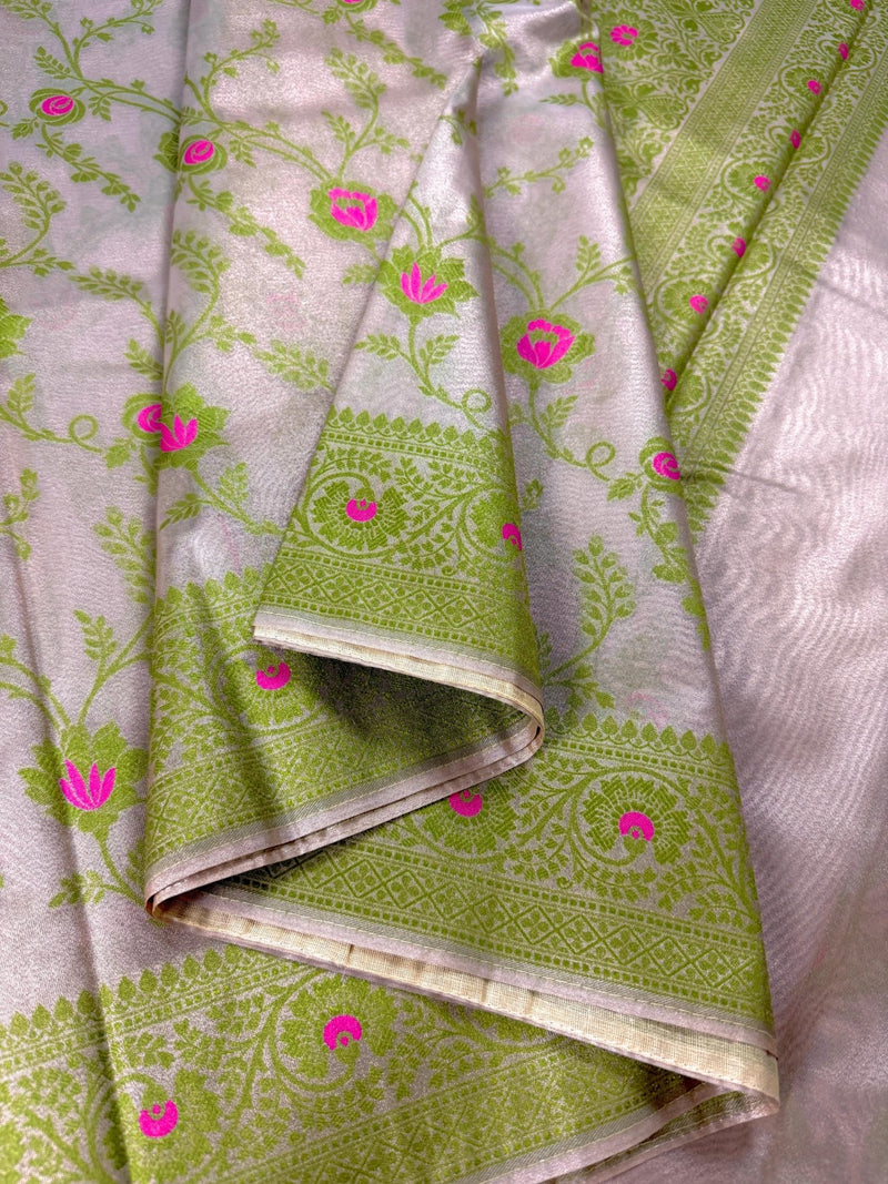 Gold Banarasi Tissue with Pista Green saree in banarasi tissue silk with meenakari floral border on tissue silk — Kaash Collection