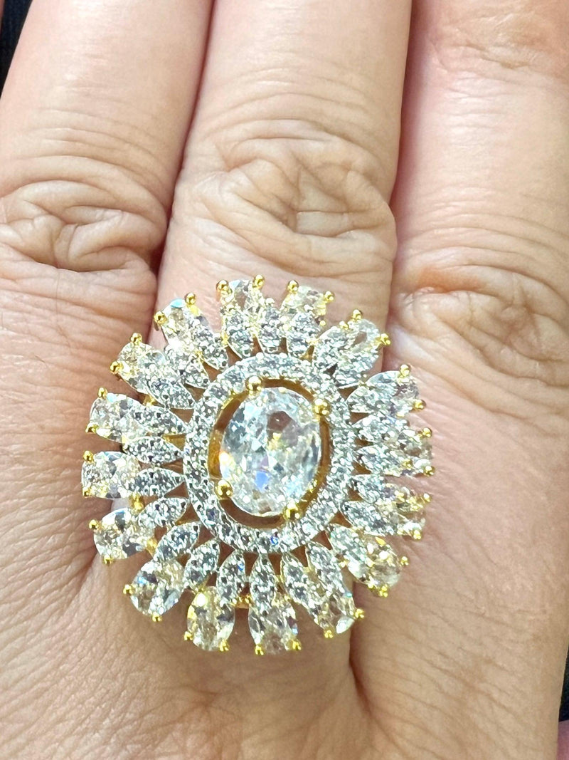 Gold Color Adjustable Ring AD Stone with AD Stone and Sliver Stones | Adjustable Rings for Women | Gift for Her | AD Jewelry - Kaash