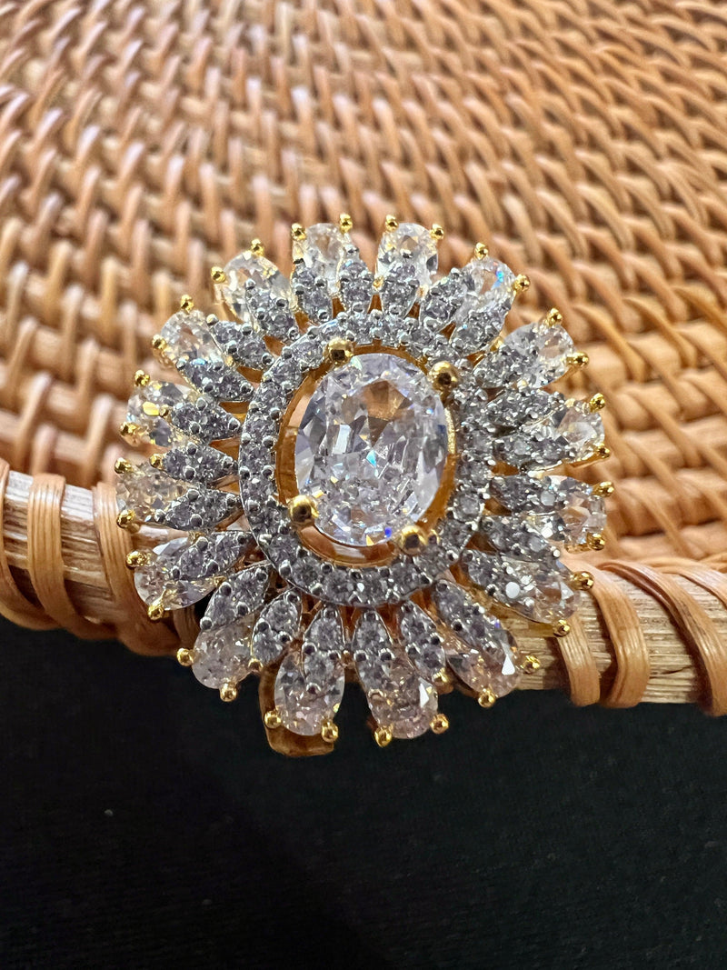 Gold Color Adjustable Ring AD Stone with AD Stone and Sliver Stones | Adjustable Rings for Women | Gift for Her | AD Jewelry - Kaash
