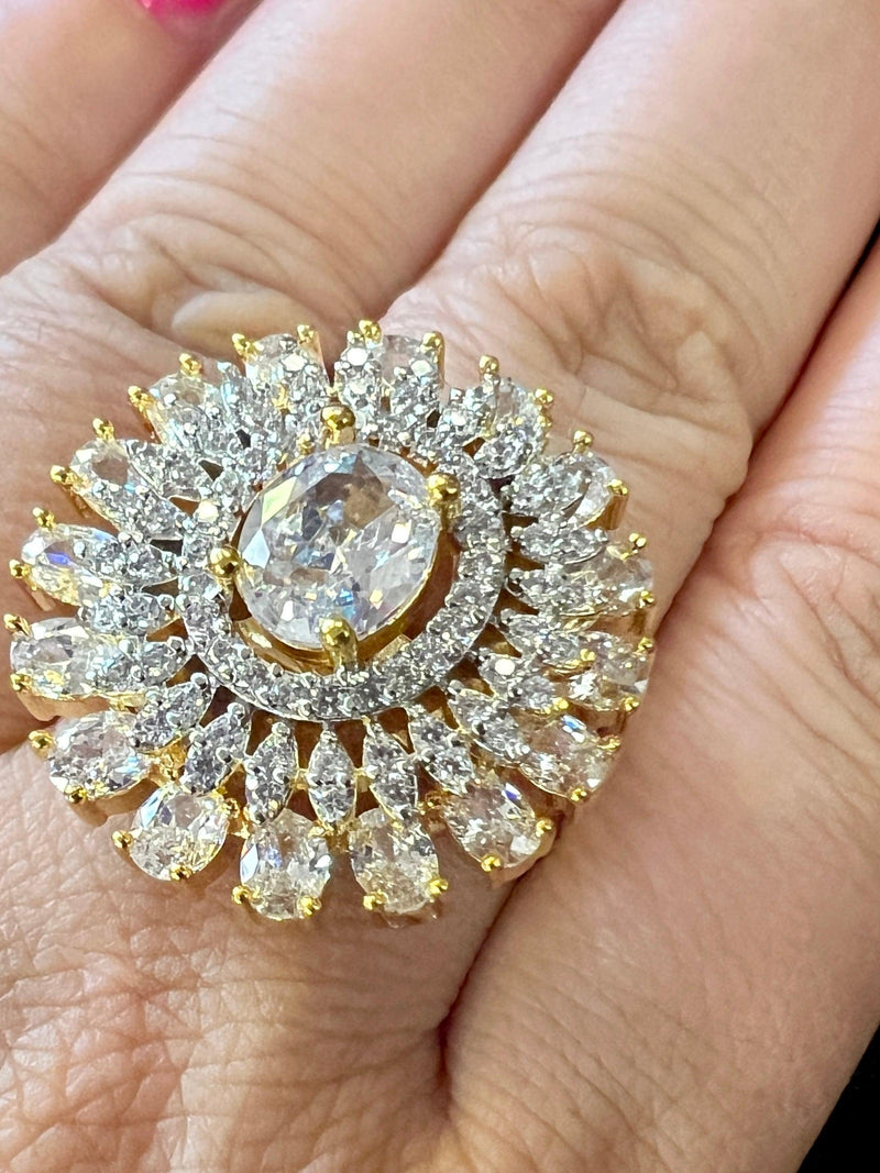 Gold Color Adjustable Ring AD Stone with AD Stone and Sliver Stones | Adjustable Rings for Women | Gift for Her | AD Jewelry - Kaash