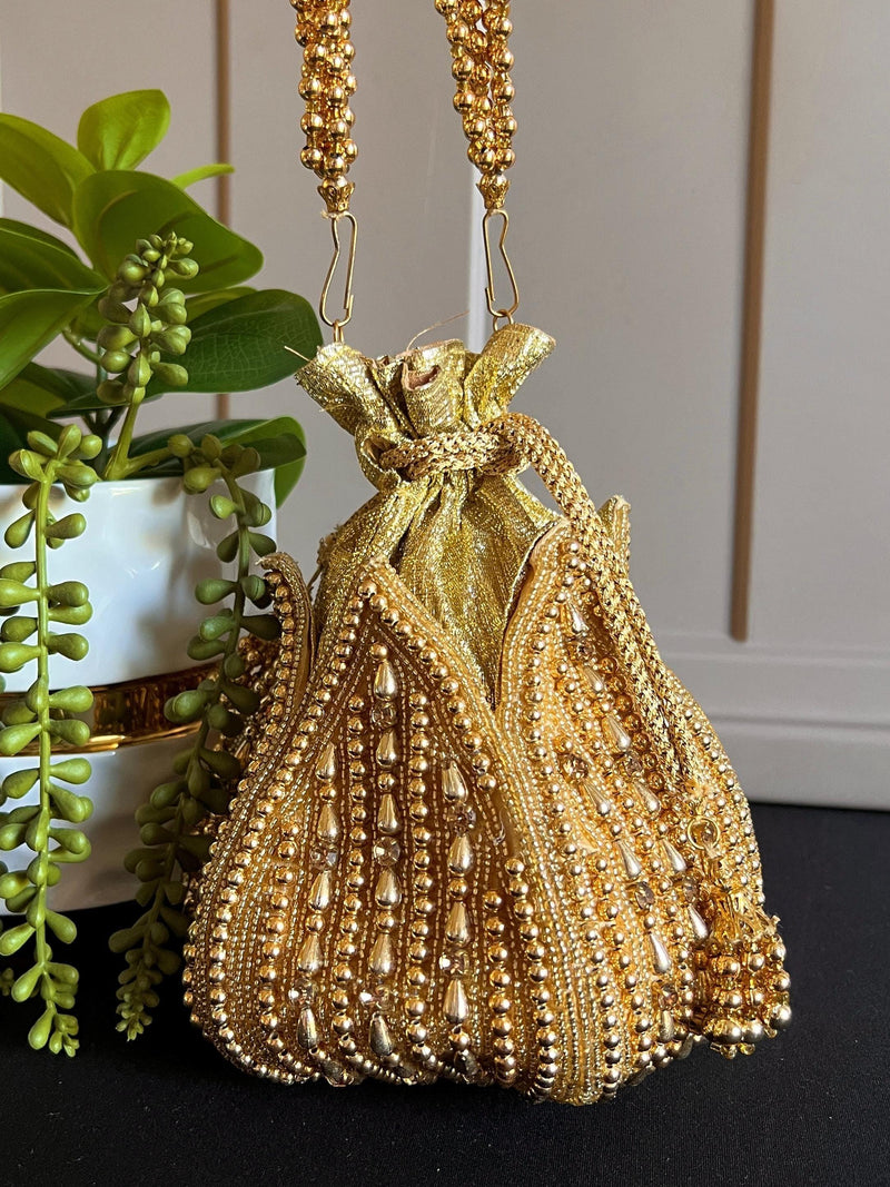 Gold Color Handmade Potli Bag | Gold Beaded | Party Clutch Sling | Wedding Purse in Gold | Bridal Bag, Handmade, Embellished Lotus Potli - Kaash