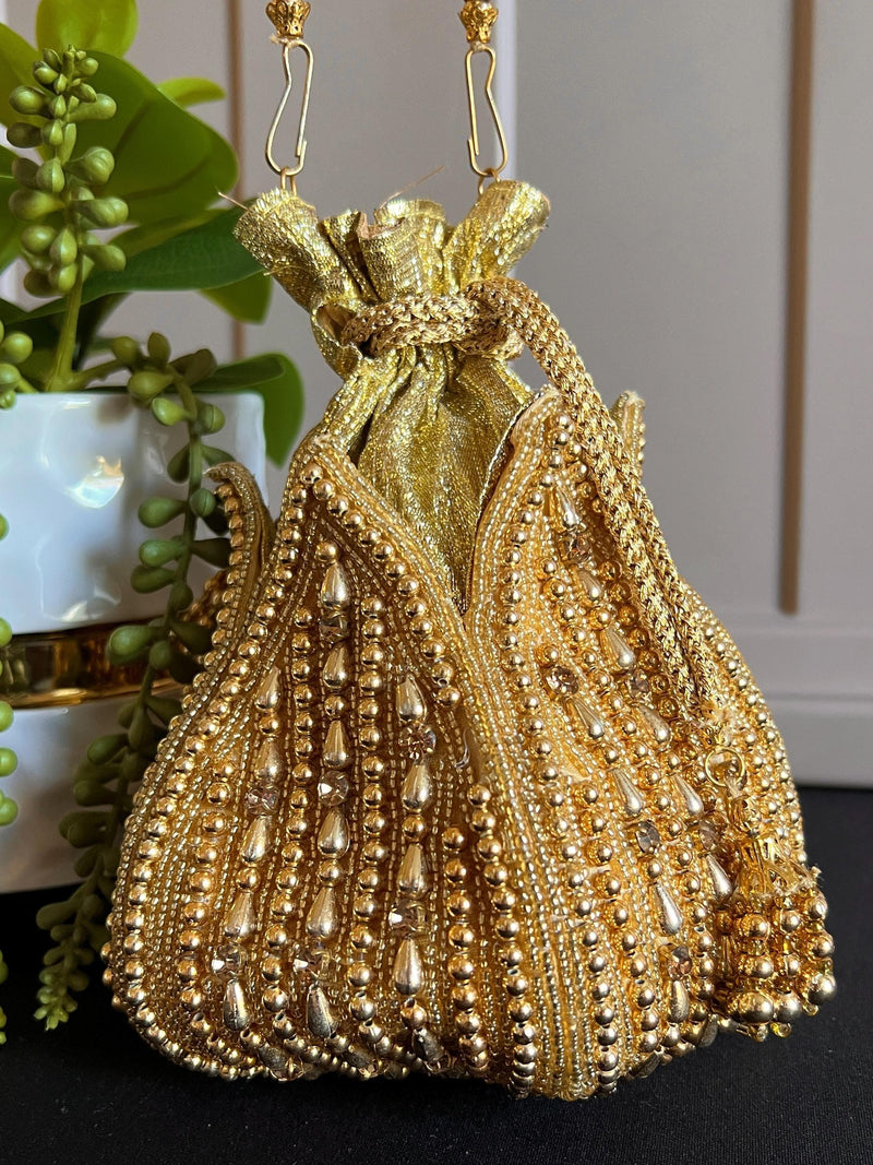 Gold Color Handmade Potli Bag | Gold Beaded | Party Clutch Sling | Wedding Purse in Gold | Bridal Bag, Handmade, Embellished Lotus Potli - Kaash