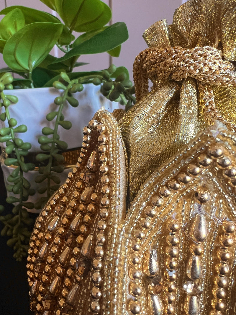 Gold Color Handmade Potli Bag | Gold Beaded | Party Clutch Sling | Wedding Purse in Gold | Bridal Bag, Handmade, Embellished Lotus Potli - Kaash