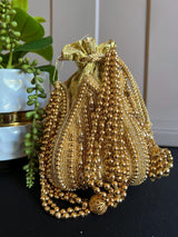 Gold Color Handmade Potli Bag | Gold Beaded | Party Clutch Sling | Wedding Purse in Gold | Bridal Bag, Handmade, Embellished Lotus Potli - Kaash