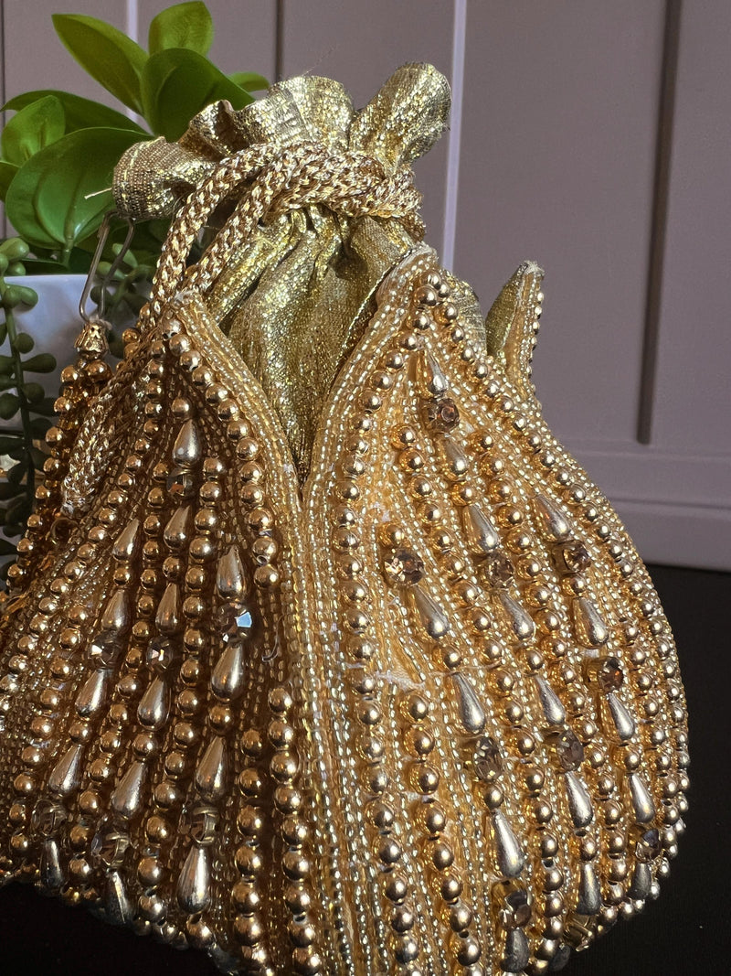 Gold Color Handmade Potli Bag | Gold Beaded | Party Clutch Sling | Wedding Purse in Gold | Bridal Bag, Handmade, Embellished Lotus Potli - Kaash