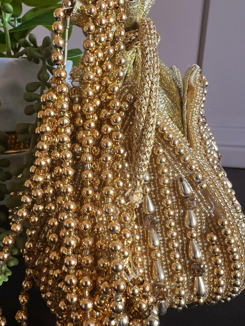 Gold Color Handmade Potli Bag | Gold Beaded | Party Clutch Sling | Wedding Purse in Gold | Bridal Bag, Handmade, Embellished Lotus Potli - Kaash