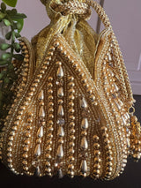 Gold Color Handmade Potli Bag | Gold Beaded | Party Clutch Sling | Wedding Purse in Gold | Bridal Bag, Handmade, Embellished Lotus Potli - Kaash