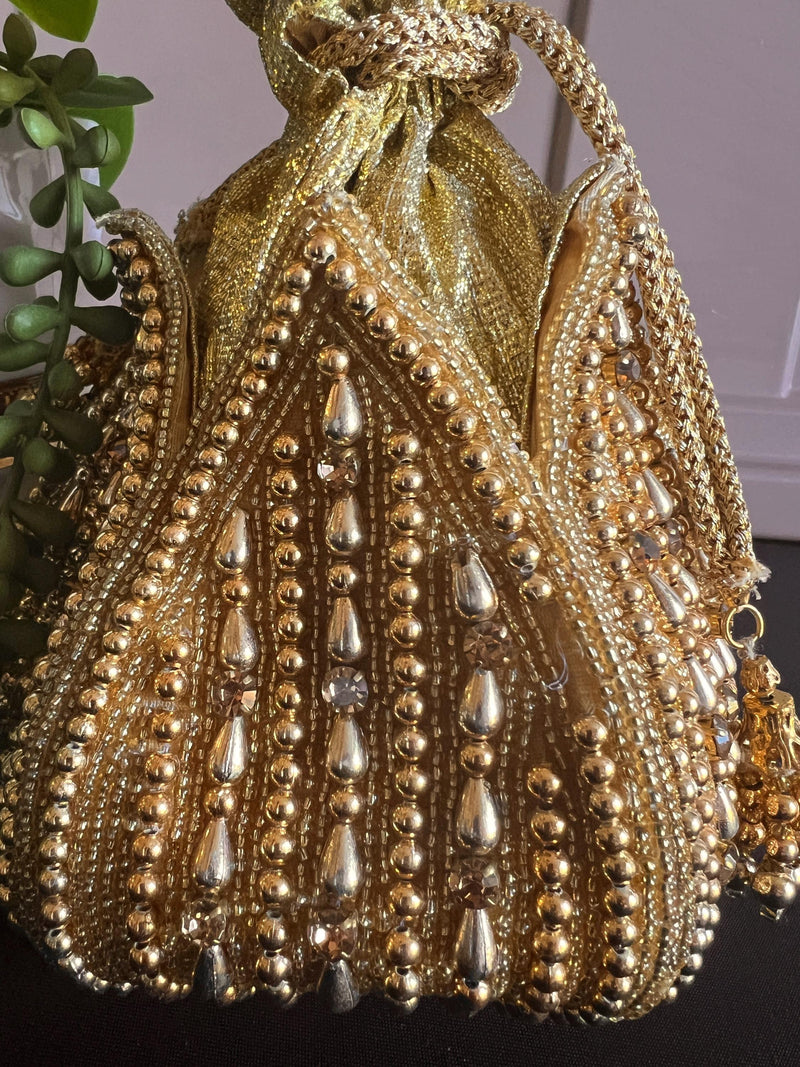 Gold Color Handmade Potli Bag | Gold Beaded | Party Clutch Sling | Wedding Purse in Gold | Bridal Bag, Handmade, Embellished Lotus Potli - Kaash