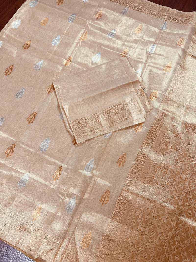 Gold Color Soft Tissue Silk Saree with Banarasi Borders and Pallu | Copper and Sliver Leaves Buttas | Banarasi Soft Tissue Saree - Kaash