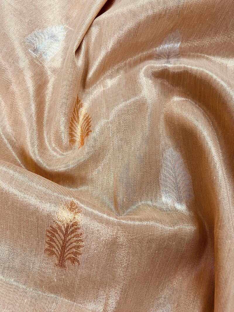 Gold Color Soft Tissue Silk Saree with Banarasi Borders and Pallu | Copper and Sliver Leaves Buttas | Banarasi Soft Tissue Saree - Kaash