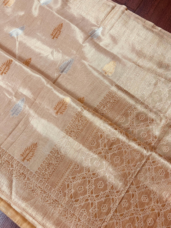 Gold Color Soft Tissue Silk Saree with Banarasi Borders and Pallu | Copper and Sliver Leaves Buttas | Banarasi Soft Tissue Saree - Kaash