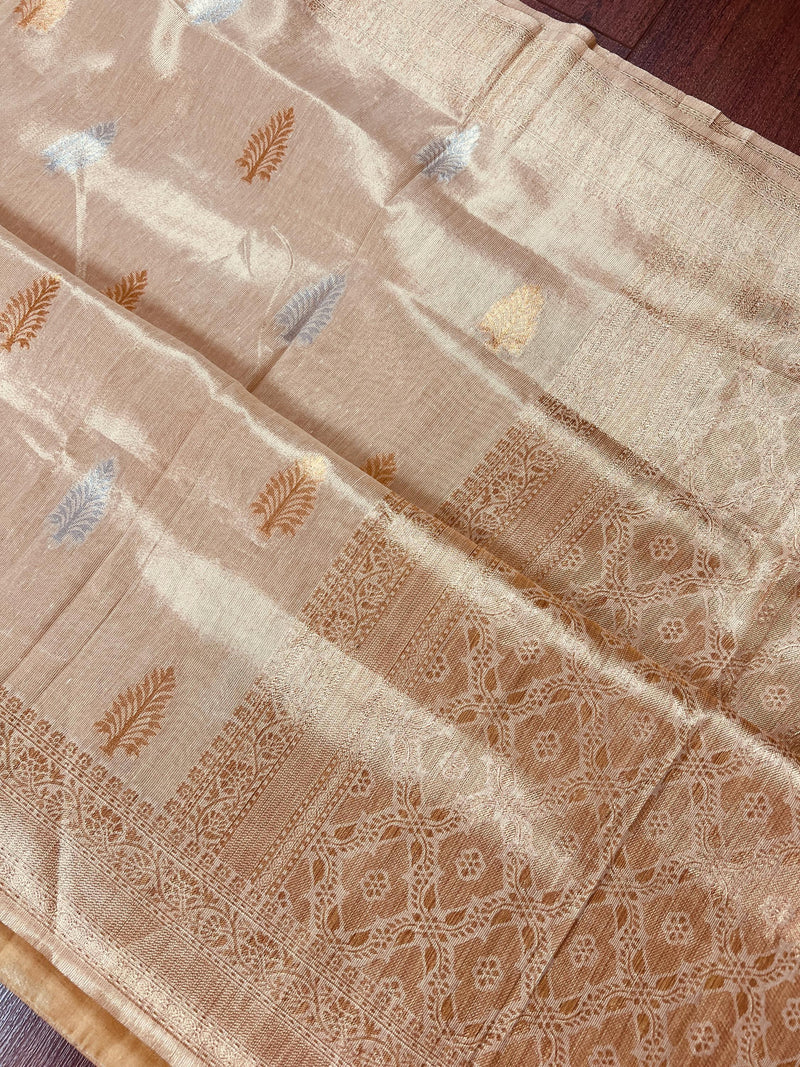 Gold Color Soft Tissue Silk Saree with Banarasi Borders and Pallu | Copper and Sliver Leaves Buttas | Banarasi Soft Tissue Saree - Kaash