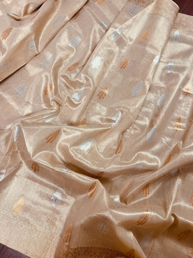 Gold Color Soft Tissue Silk Saree with Banarasi Borders and Pallu | Copper and Sliver Leaves Buttas | Banarasi Soft Tissue Saree - Kaash