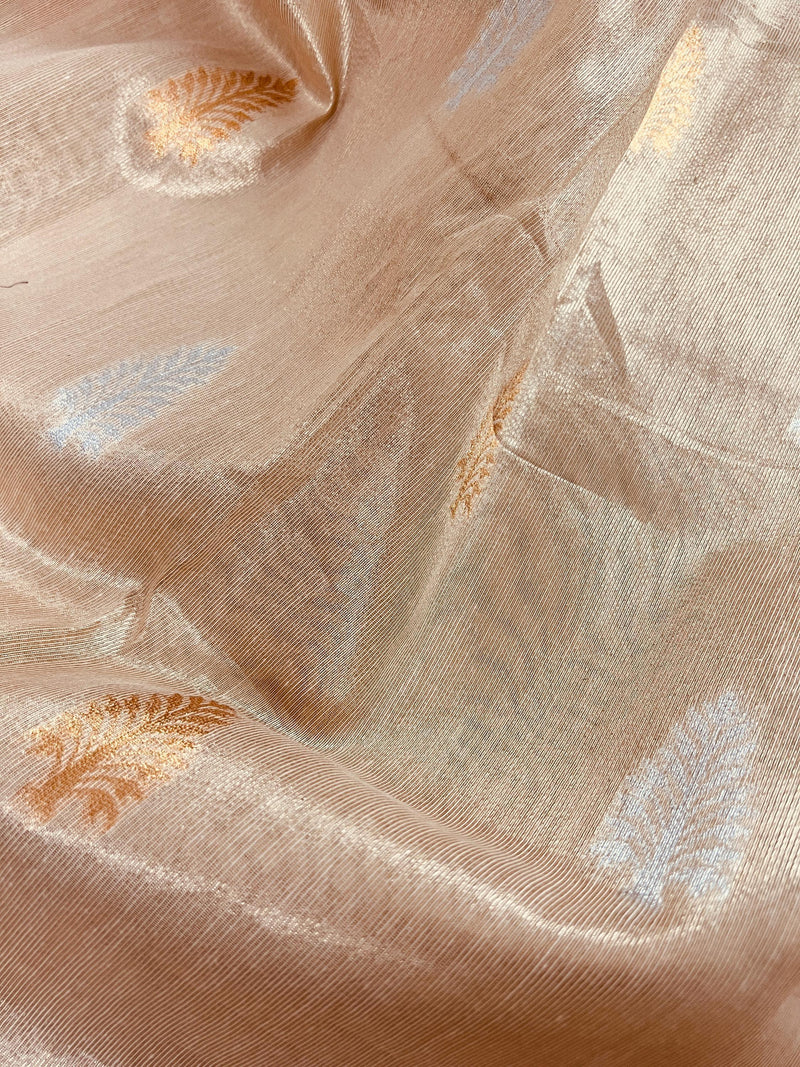 Gold Color Soft Tissue Silk Saree with Banarasi Borders and Pallu | Copper and Sliver Leaves Buttas | Banarasi Soft Tissue Saree - Kaash