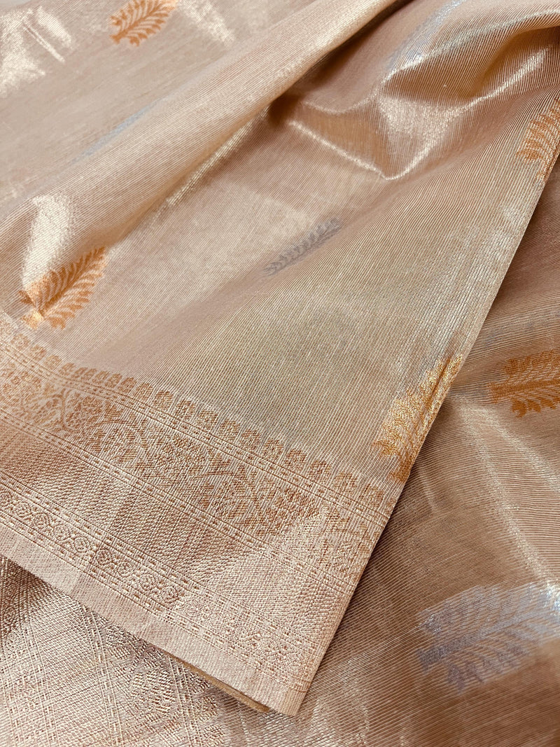 Gold Color Soft Tissue Silk Saree with Banarasi Borders and Pallu | Copper and Sliver Leaves Buttas | Banarasi Soft Tissue Saree - Kaash
