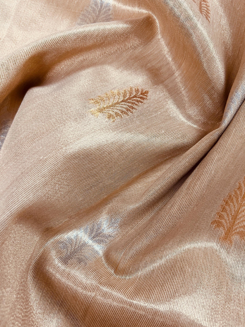 Gold Color Soft Tissue Silk Saree with Banarasi Borders and Pallu | Copper and Sliver Leaves Buttas | Banarasi Soft Tissue Saree - Kaash