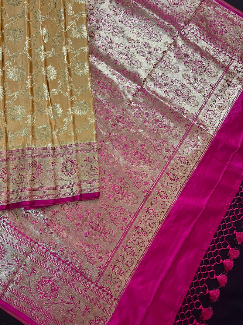 Gold Color with Hot Pink Border Traditional Banarasi Satin Silk Saree with Muted Gold Zari Floral Jaal Weave - Kaash