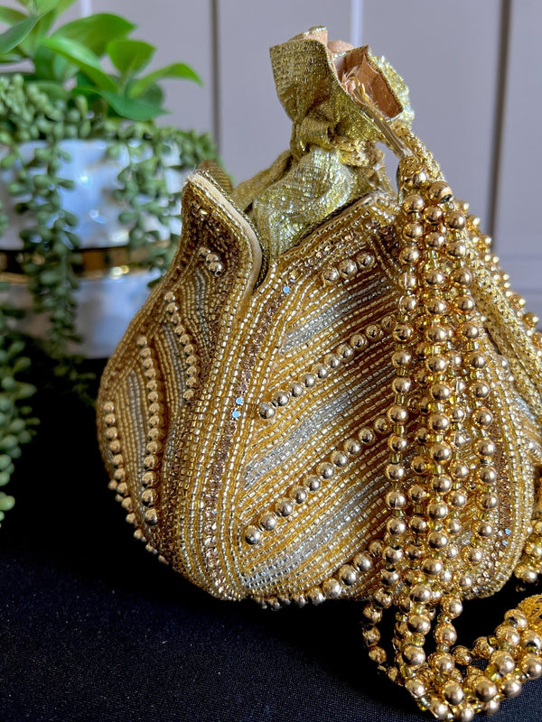 Gold Potli Bag | Gold and Sliver Beaded Studded Clutch | Party Clutch Sling | Wedding Purse in Gold | Handmade Embellished Lotus Potli Bag - Kaash