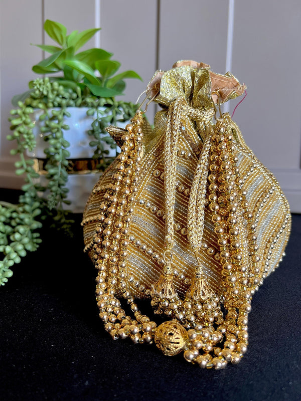 Gold Potli Bag | Gold and Sliver Beaded Studded Clutch | Party Clutch Sling | Wedding Purse in Gold | Handmade Embellished Lotus Potli Bag - Kaash