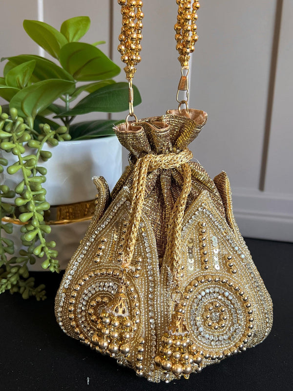 Gold Potli Bag | Gold Beaded Studded Sequin Clutch | Party Clutch Sling | Wedding Purse in Gold | Handmade, Embellished Lotus Potli - Kaash