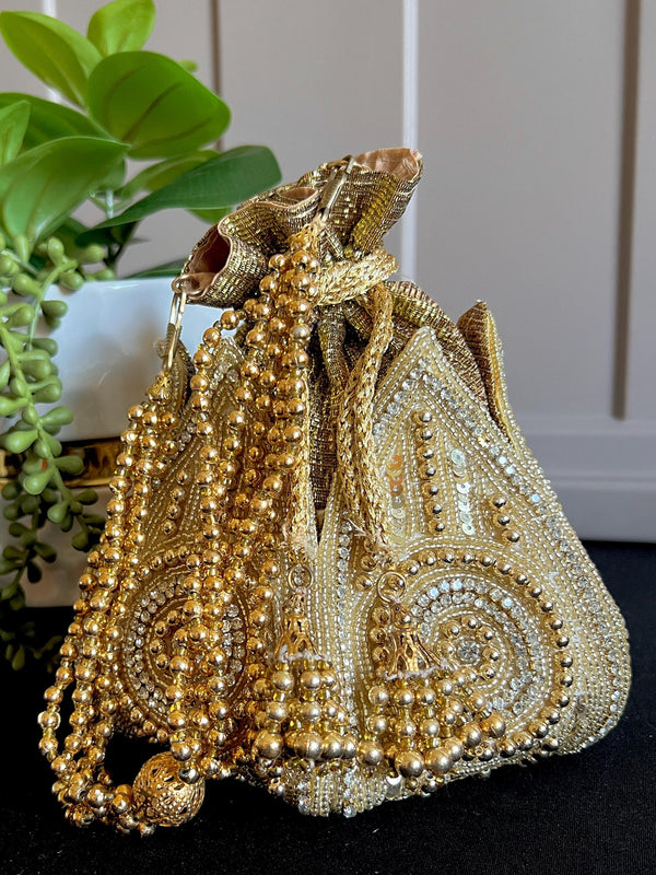 Gold Potli Bag | Gold Beaded Studded Sequin Clutch | Party Clutch Sling | Wedding Purse in Gold | Handmade, Embellished Lotus Potli - Kaash