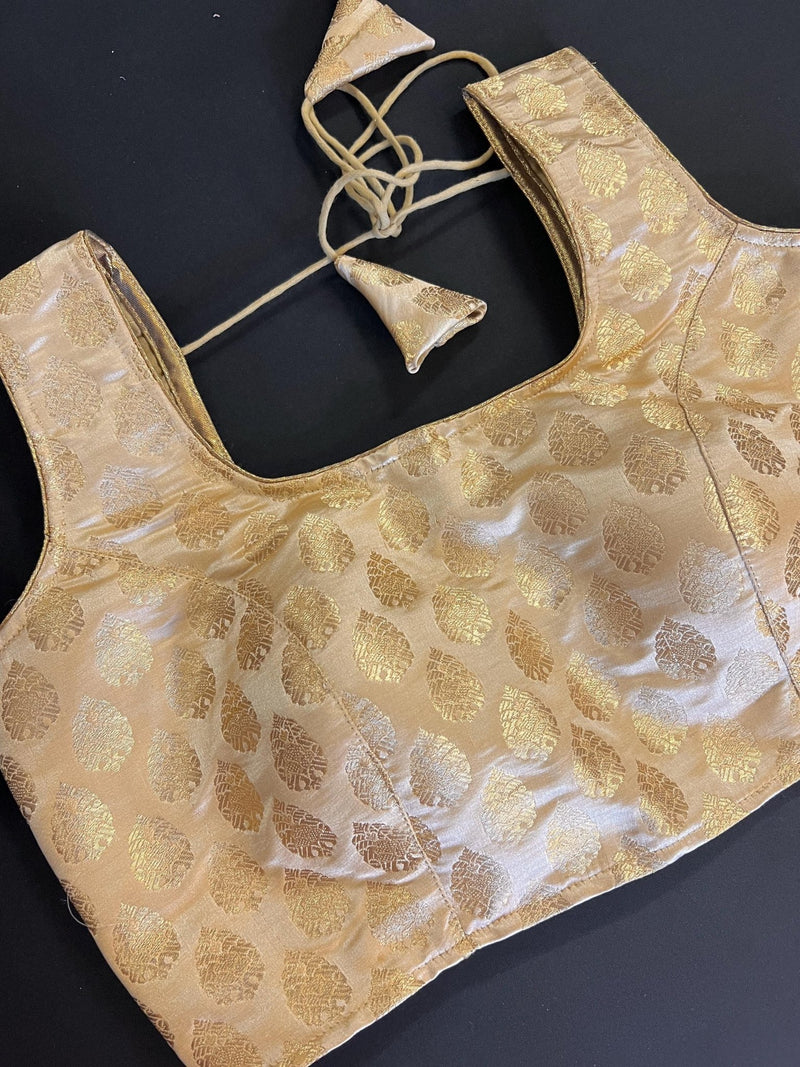Gold Stitched Sleeveless Blouse with small Gold Buttis Pure Banarasi - Kaash