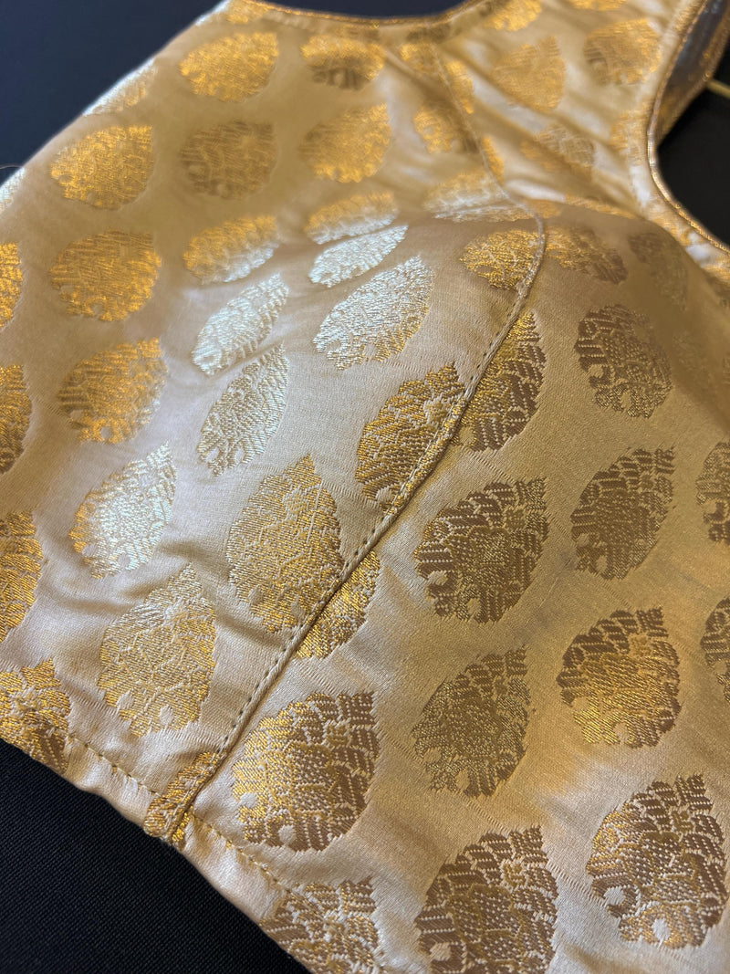 Gold Stitched Sleeveless Blouse with small Gold Buttis Pure Banarasi | Size 36 Gold Color Ready to Wear Blouse | Gold Color Saree Blouse - Kaash