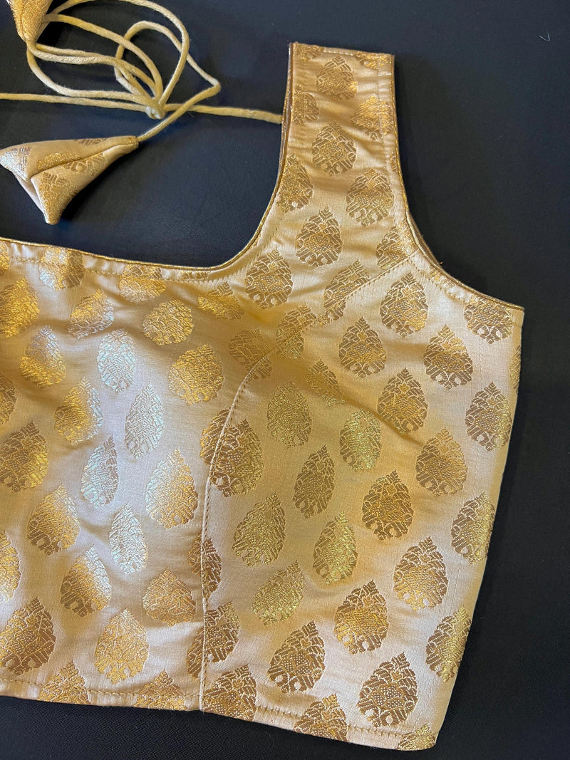 Gold Stitched Sleeveless Blouse with small Gold Buttis Pure Banarasi | Size 36 Gold Color Ready to Wear Blouse | Gold Color Saree Blouse - Kaash