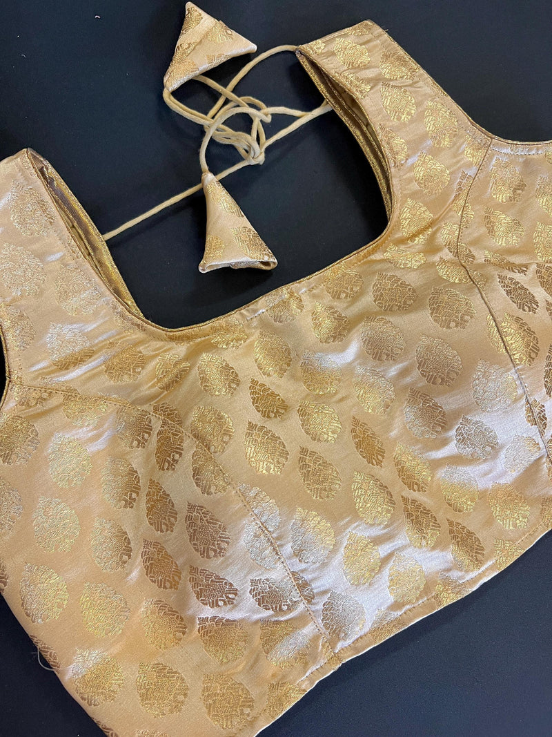 Gold Stitched Sleeveless Blouse with small Gold Buttis Pure Banarasi | Size 36 Gold Color Ready to Wear Blouse | Gold Color Saree Blouse - Kaash