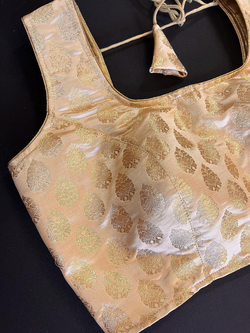 Gold Stitched Sleeveless Blouse with small Gold Buttis Pure Banarasi | Size 36 Gold Color Ready to Wear Blouse | Gold Color Saree Blouse - Kaash