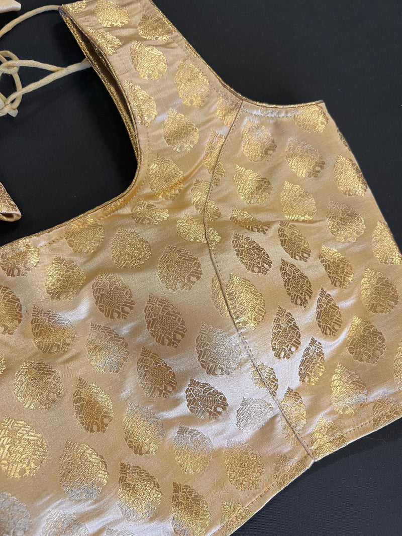 Gold Stitched Sleeveless Blouse with small Gold Buttis Pure Banarasi | Size 36 Gold Color Ready to Wear Blouse | Gold Color Saree Blouse - Kaash