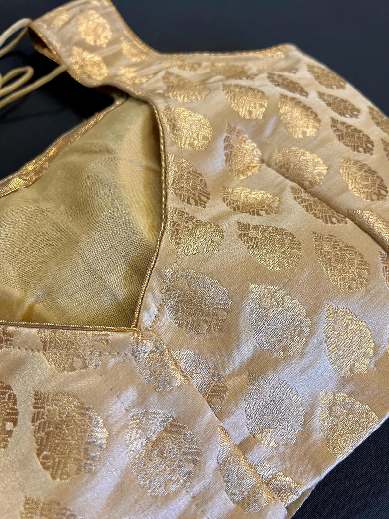 Gold Stitched Sleeveless Blouse with small Gold Buttis Pure Banarasi | Size 36 Gold Color Ready to Wear Blouse | Gold Color Saree Blouse - Kaash