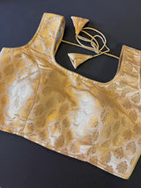Gold Stitched Sleeveless Blouse with small Gold Buttis Pure Banarasi | Size 36 Gold Color Ready to Wear Blouse | Gold Color Saree Blouse - Kaash