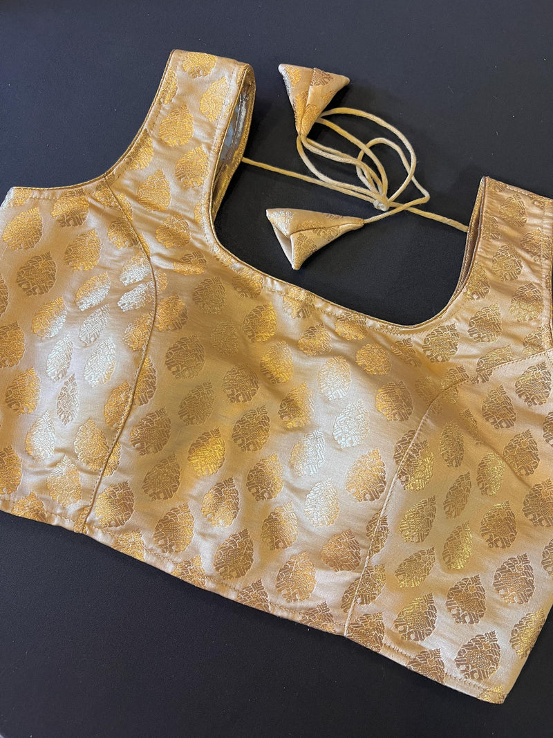 Gold Stitched Sleeveless Blouse with small Gold Buttis Pure Banarasi | Size 36 Gold Color Ready to Wear Blouse | Gold Color Saree Blouse - Kaash