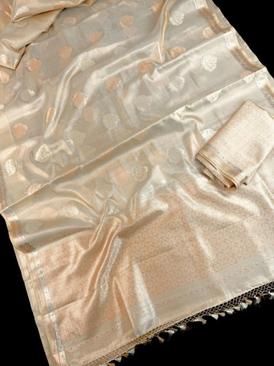 Gold Tissue Silk Saree – Banarasi Border, Muted Leaves Buttas - Kaash