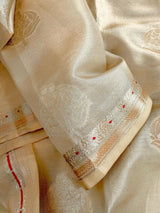 Gold Tissue Silk Saree – Banarasi Border, Muted Leaves Buttas - Kaash