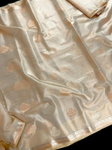 Gold Tissue Silk Saree – Banarasi Border, Muted Leaves Buttas - Kaash