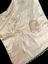 Gold Tissue Silk Saree – Banarasi Border, Muted Leaves Buttas - Kaash