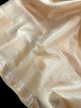 Gold Tissue Silk Saree – Banarasi Border, Muted Leaves Buttas - Kaash