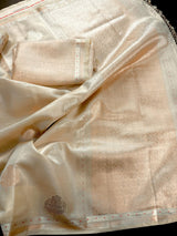 Gold Tissue Silk Saree – Banarasi Border, Muted Leaves Buttas - Kaash