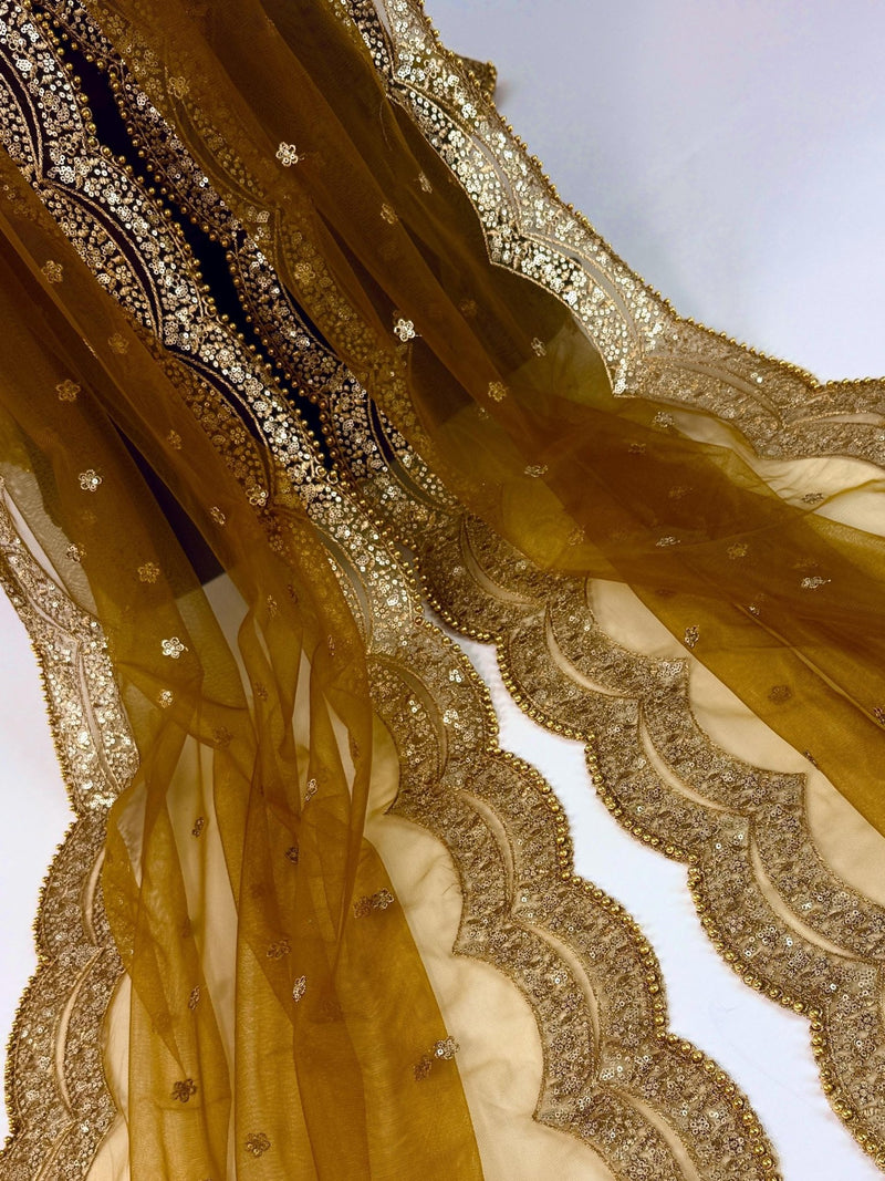Golden Brown net dupatta with zari, sequin & beads — Kaash Collection
