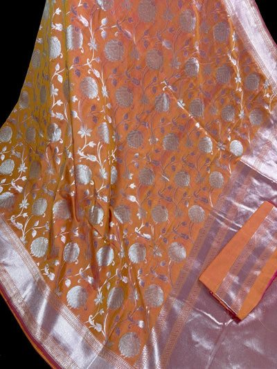 Dual Coral Peach Banarasi Handloom saree in banarasi silk handloom with muted gold zari handweaving — Kaash Collection